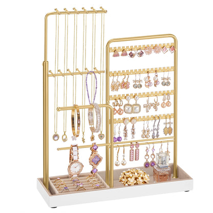 SONGMICS Jewelry Holder, Jewelry Storage Organizer Stand with Metal Frame, Velvet Tray, 12.1 to 18.7 Inches Tall Height Adjustable Necklace Holder, for Rings, Earrings, Pale Gold UJJS026A01