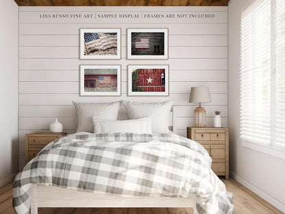 Rustic Farmhouse Decor - Patriotic Barns with American Flags - Set of 4 8x10” Prints - Americana USA Country Pictures