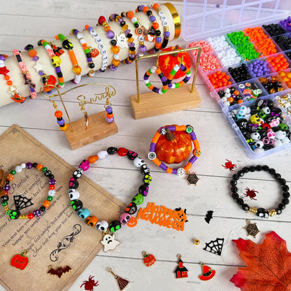 3140Pcs Halloween Beads for Bracelet Jewelry Making Kit, Halloween Clay Beads Black White Orange Purple Pumpkin Round Letter Star Skull Bead Bulk with Ghost Witch Hat Charm for DIY Craft Earring