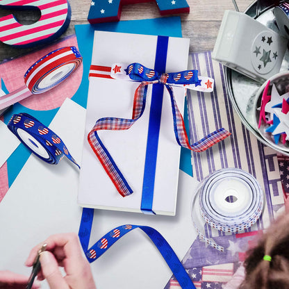 12 Rolls 60 Yards 4th of July Ribbons Red White Blue Grosgrain Ribbon Patriotic Stain Flag Ribbons for 250th Anniversary Patriotic Independence Day DIY Wrapping Craft Decoration Hair Bow Wreath