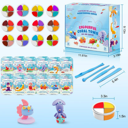 Ocean Buddies Air Dry Clay Kit for Kids - 12 Marine Animal Models with 4 Colors & Sculpting Tools, Ultra Light & Soft Modeling Clay Set, Non-Toxic DIY Arts and Crafts Gift for Boys & Girls Ages 3+