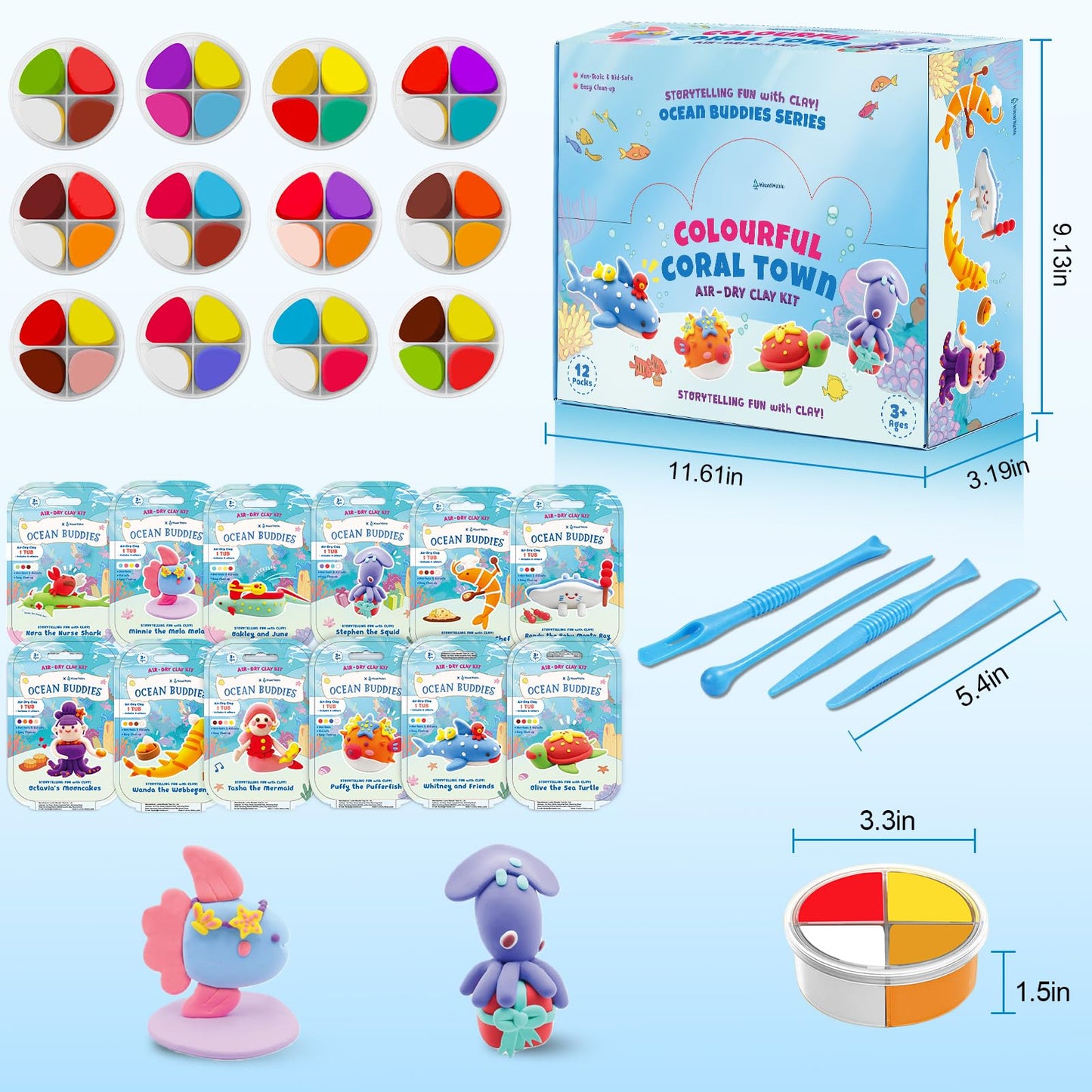 Ocean Buddies Air Dry Clay Kit for Kids - 12 Marine Animal Models with 4 Colors & Sculpting Tools, Ultra Light & Soft Modeling Clay Set, Non-Toxic DIY Arts and Crafts Gift for Boys & Girls Ages 3+