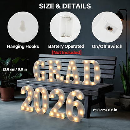 Marquee Letters Numbers Light up Numbers Letters Graduation Decoration GRAD 2026 Battery Powered LED Light White Plastic Letter Number Sign for Class of 2026 Graduation Decorations