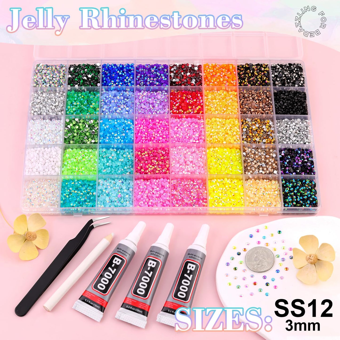 BELLEBOOST 45000Pcs 40 Colors Jelly Rhinestones Bedazzling kit, 3mm Multicolor Resin Flatback Gems for Diamond Art, Bedazzler Kit with 3Pcs 10ml B7000 Jewelry Glue for Crafting Book Shoes Nail Art