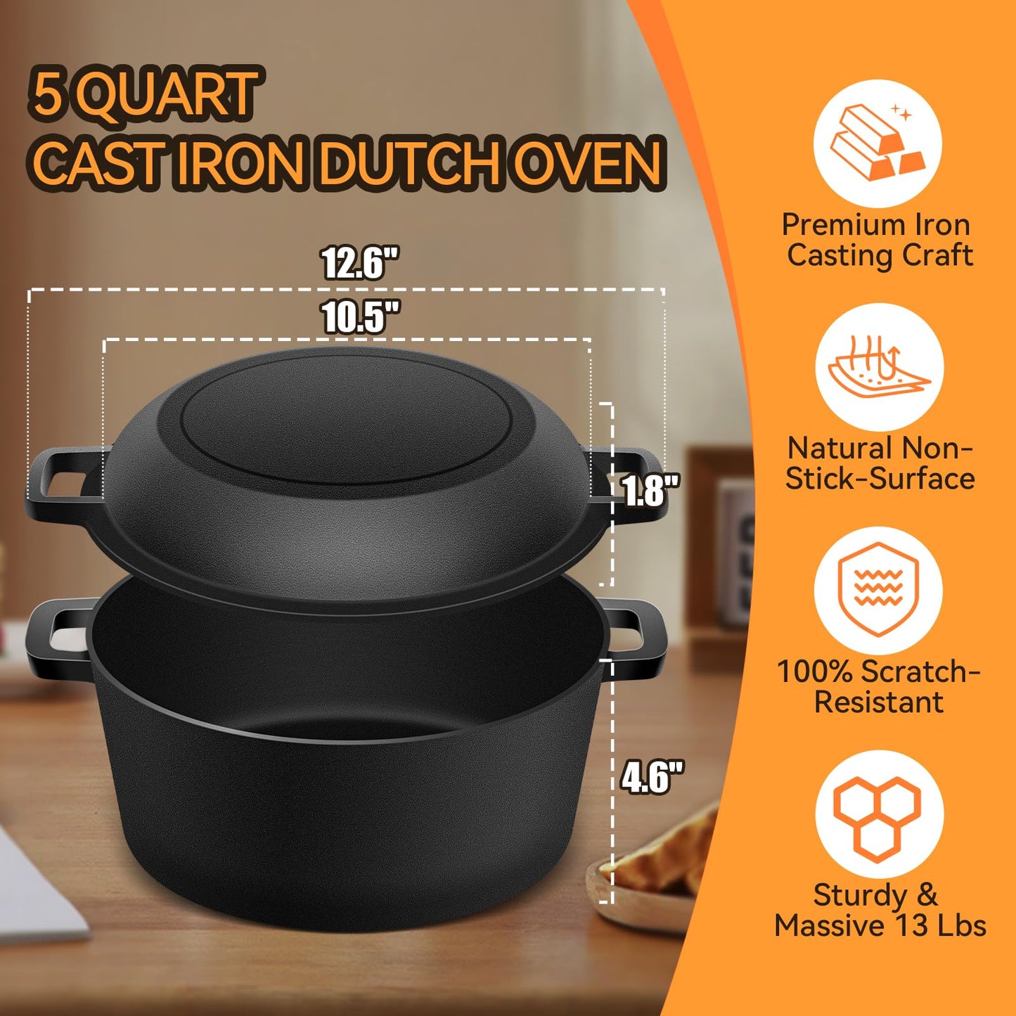 Rectangular Cast Iron Dutch Oven for Bread Baking, Cast Iron Sourdough Bread Pan with Lid Handles Lame, Even Heat Bread Baking Pan for Homemade Bread Cake Meatloaf, 3.2QT
