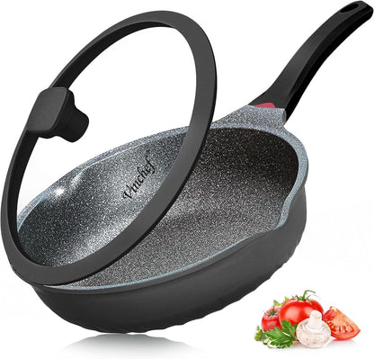 Vinchef Nonstick Skillet - 12.5-Inch Aluminum Deep Frying Pan with Lid & Heat Indicator | Scratch & Stain Resistant