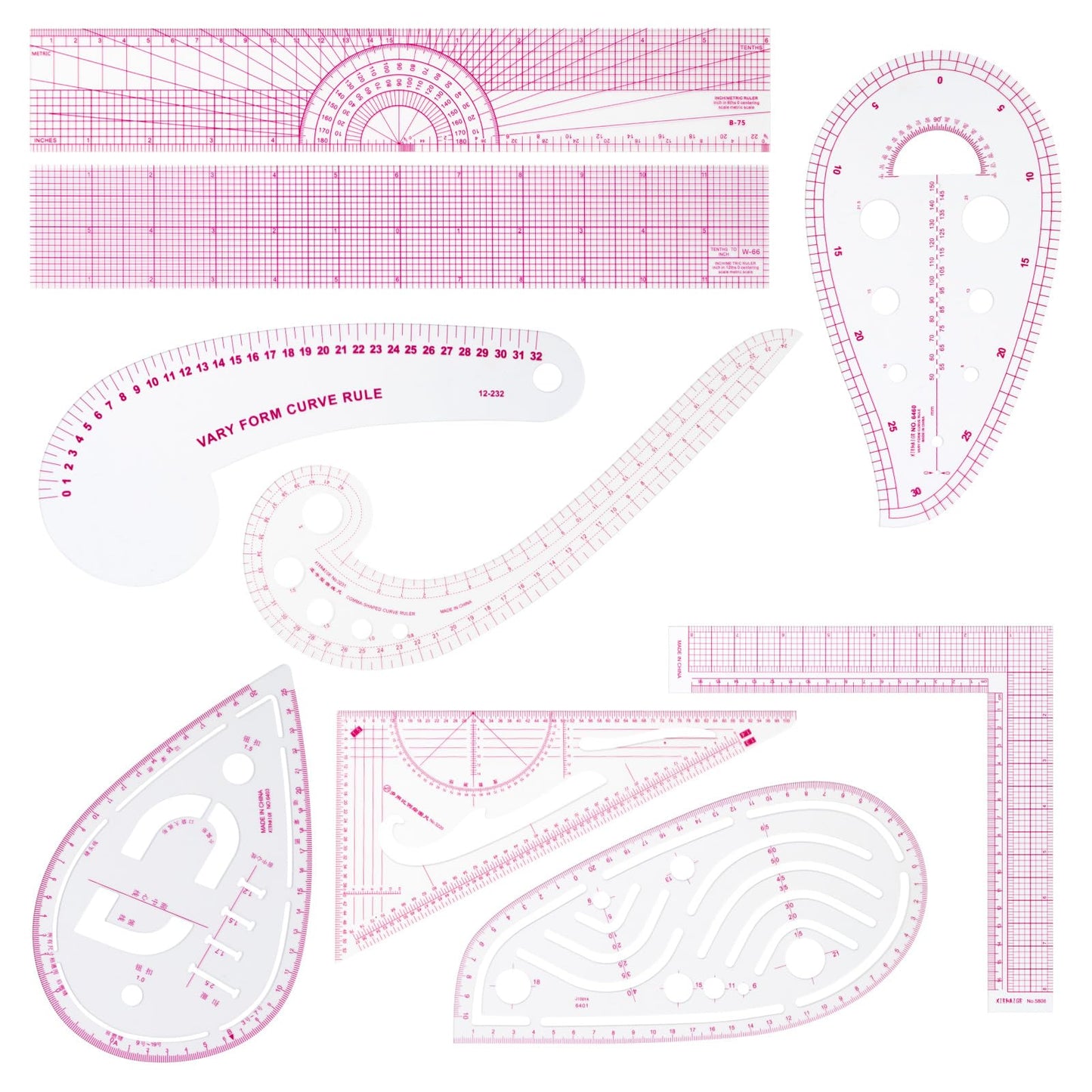 CINDALOG Clear Metric Sewing Ruler Set French Curve Pattern Ruler Kit for Beginners Tailors Designers Dress Makers Ruler Precision Quilting and DIY Supplies Perfect for Drawing, Craft, Sewing (9)