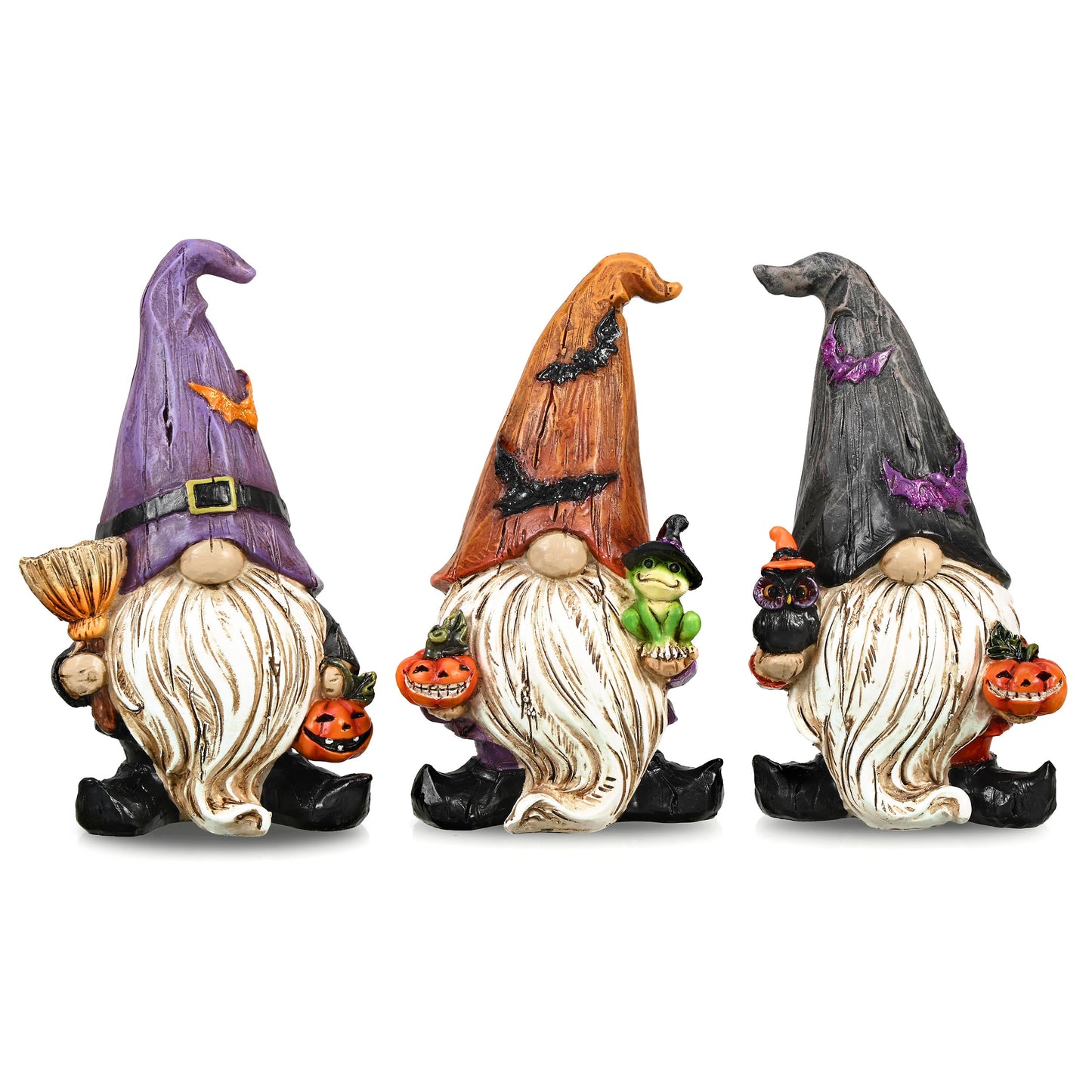 Valery Madelyn Gnomes Halloween Decorations Indoor, 3 Pcs Resin Gnome Decor for Home with Bat Witch Hat, Halloween Figurines Elf Dwarf with Broom Jack O Lantern for Table Tiered Tray Outdoor, 6.1"