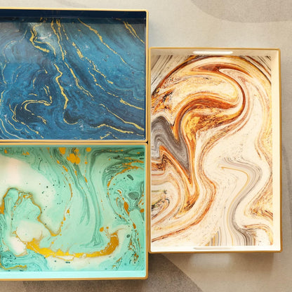 15.7"* 10.2"* 1.38" White Marbling Decorative Tray with Handles, Morden Plastic Rectangular Serving Tray for Coffee