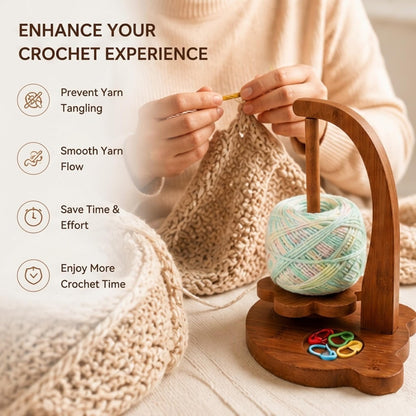 Blingcute Wooden Yarn Holder for Crochet and Knitting, 360° Rotating Bear-Shaped Yarn Stand, Anti-Tangle with Flower Base, Marker Tray, Anti-Slip Pads, Crochet Accessories Gift for Women