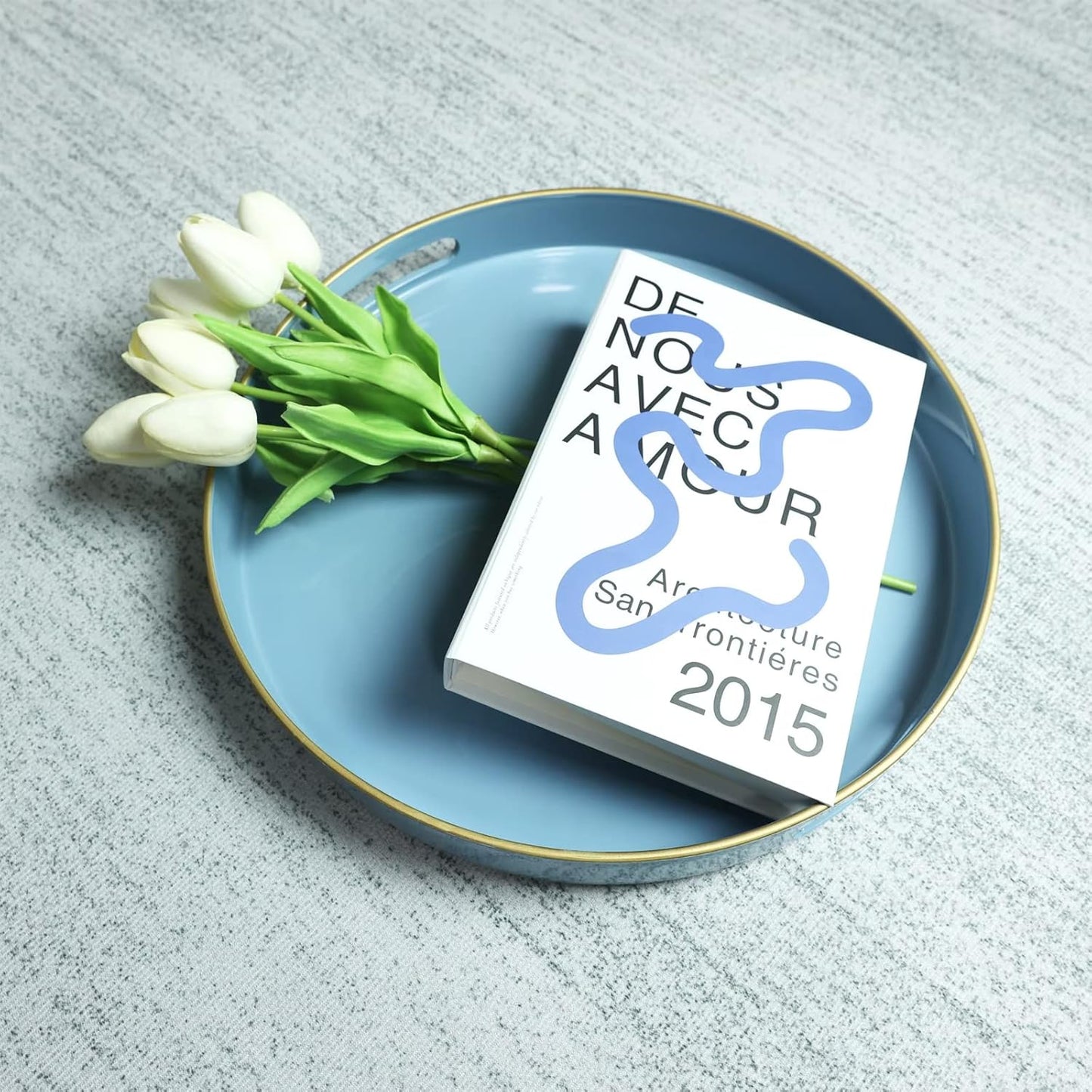 13" Spsyrine Round Blue Decorative Tray, Plastic Serving Table Tray with Handles for Breakfast, Ottoman, Coffee Table