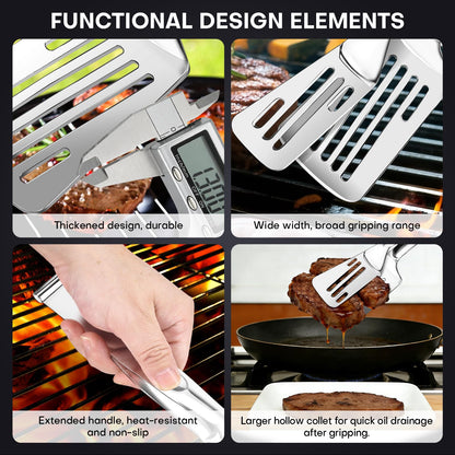 Nezylaf 2-in-1 Spatula Tongs, 11.8 Inch 304 Stainless Steel Kitchen Tongs for 12 Inch Cooking Use, Detachable Metal Tongs with Oil Drain Holes for Grilling Frying Steak