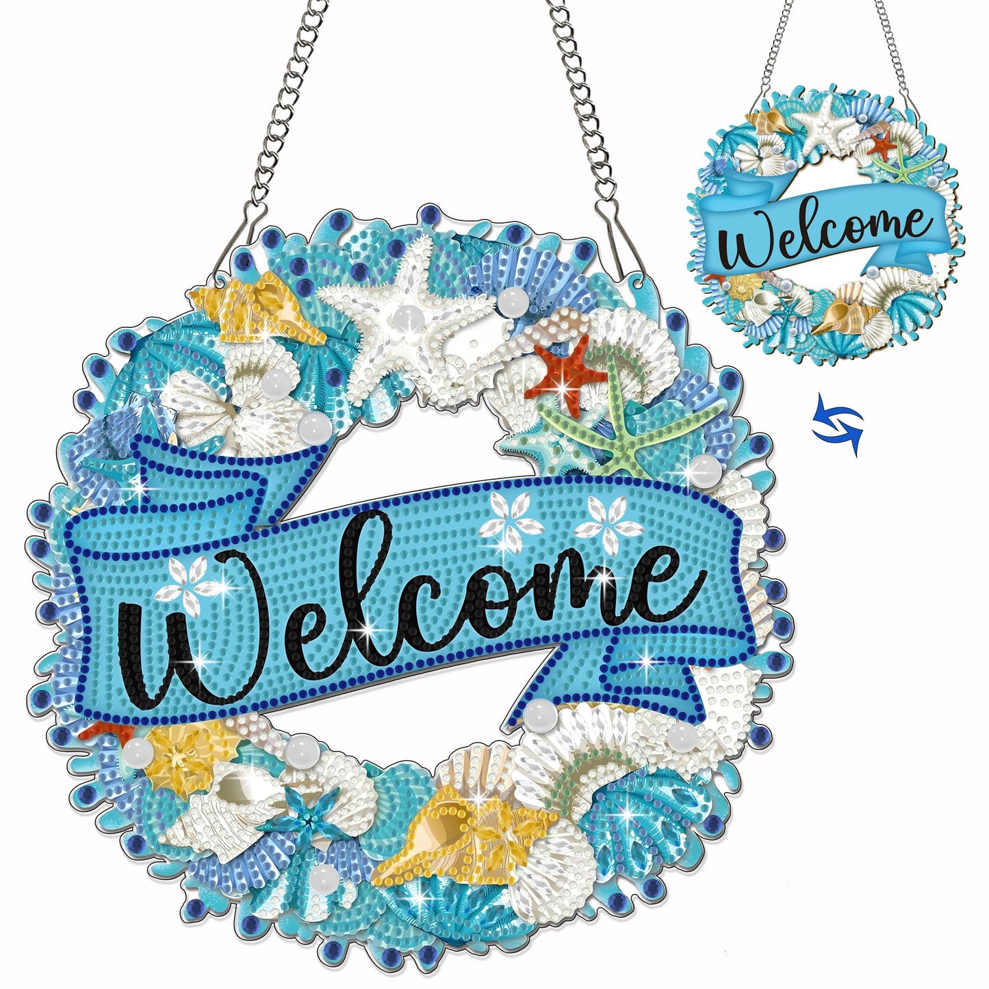 Muzagroo Art Welcome Sign Diamond Art Kits for Adults, 5D Diamond Hanging Ornament Kits for Front Door, DIY Special Shaped Diamond Dot Kits, Home Porch Crystal Hanging Pendant Ornament (Welcome)