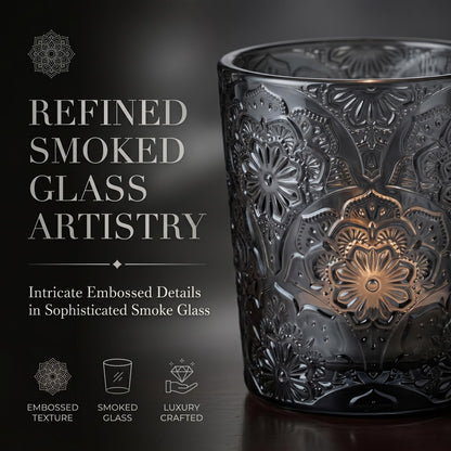 12 Pack Mandala Embossed Glass Candle Holders – Votive Tealight Holders with Patent Design, Decorative Embossed Glass Cups for Wedding Centerpieces, Parties, and Home Décor (Smoky Quartz)