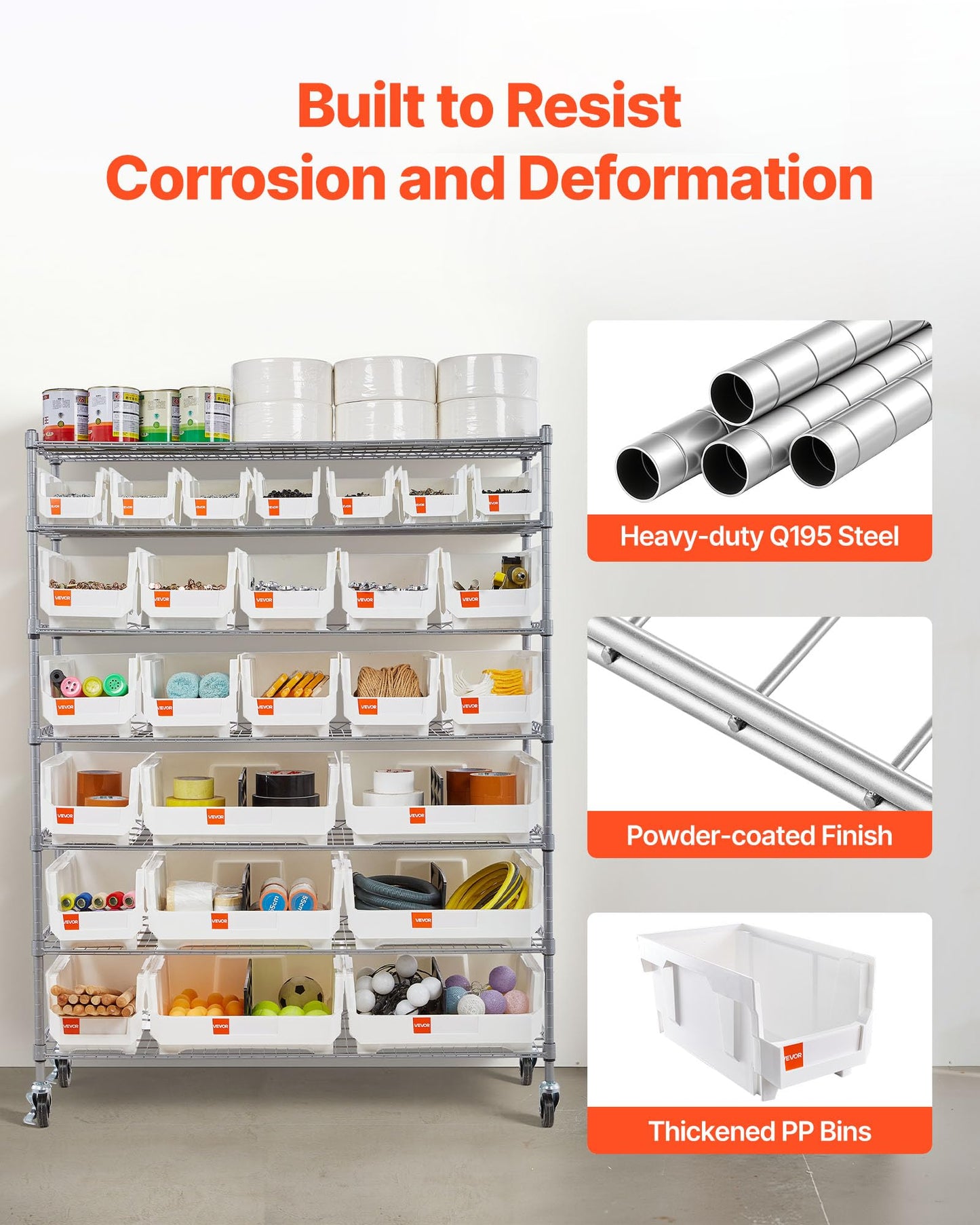 VEVOR 7-Tier Rolling Bin Storage Rack, 26 Organizer Bins, Bin Rack Storage Steel Wire Shelving System with Wheels, Mobile Tool Organizer for Garage, Warehouse, Office, Restaurant, Kitchen, Classroom