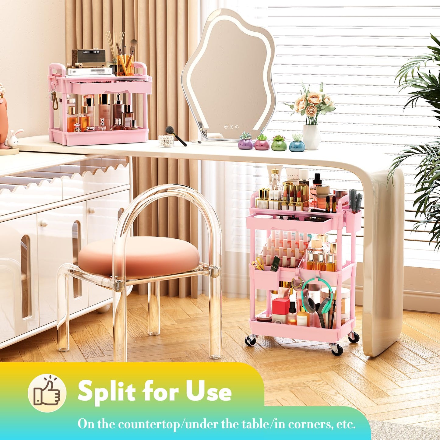 SUNALLY Makeup Cart Organizer with Drawers, Floor Skincare Organizers Vanity Storage Organizer, Rolling Makeup Bathroom Storage Cart Cosmetics Display Cases for Skin Care Perfume Nail Polish, Pink