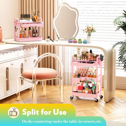 SUNALLY Makeup Cart Organizer with Drawers, Floor Skincare Organizers Vanity Storage Organizer, Rolling Makeup Bathroom Storage Cart Cosmetics Display Cases for Skin Care Perfume Nail Polish, Pink