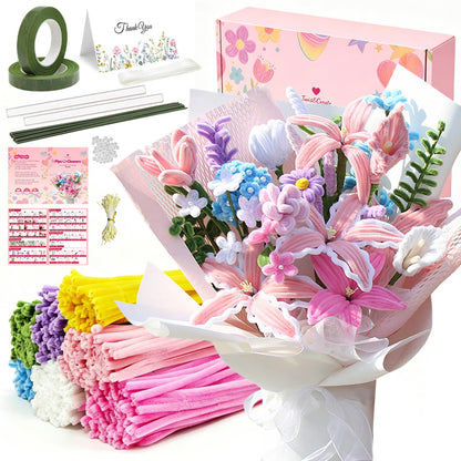 650PCS Pipe Cleaners Bulk, Pipe Cleaners Craft 7 Colors Chenille Stems Flower Kit with Floral Wires, Tape, Stamens, Wrapping Paper for DIY Bouquet & Gifts (Pink)