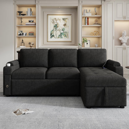Merax Modern 83.5" L-Shaped Sectional Sofa with Pull-Out Sleeper Bed, USB Ports & Cup Holders, Chenille 3-Seat Couch with Storage Chaise Lounge, Side Pocket & Drawers for Living Room, Black