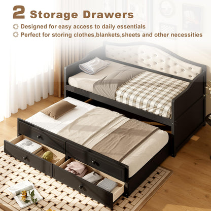 GDFStudio Twin Daybed with Trundle and 2 Storage Drawers, Upholstered Button Tufted Wooden Daybed Sofa Bed, Twin Size Pull Out Trundle Bed Frame for Living Room Bedroom Guest Room, Black