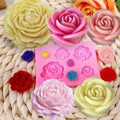 2 Rose Flowers Silicone molds(2 Styles) 2 Peony Mold (3.54 inch + 2.55 inch) Flower Silicone Candle Molds with Large-Eye Wicking Needle Candlewick for Candle Home Décor Handmade Gift Epoxy Resin Soap
