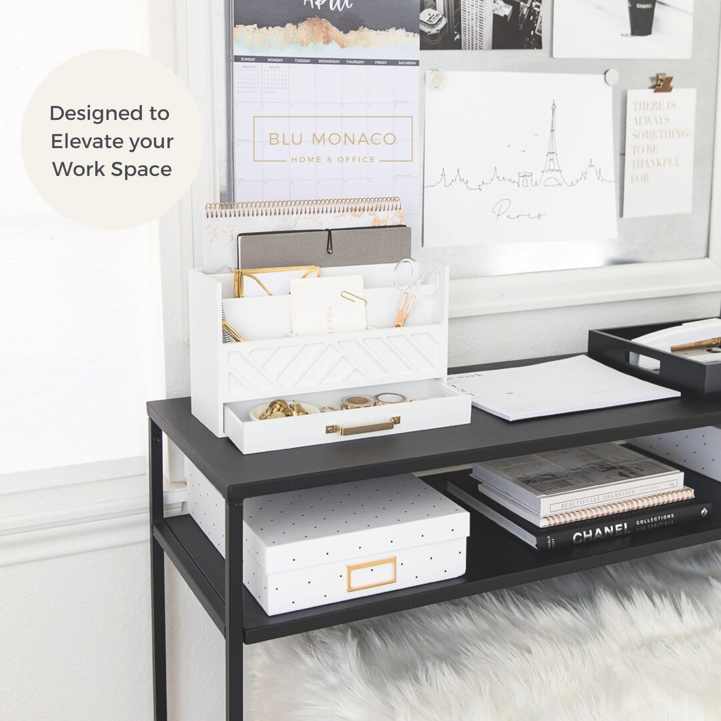 BLU MONACO | White Wooden Desk Organizer & Mail Organizer with Drawer & Gold Handle | Mail Sorter Countertop | 6 Compartments | White Desktop Organizer for Desk