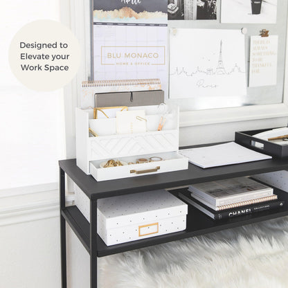 BLU MONACO | White Wooden Desk Organizer & Mail Organizer with Drawer & Gold Handle | Mail Sorter Countertop | 6 Compartments | White Desktop Organizer for Desk