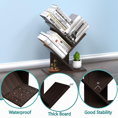 R RUISHENG 3 Tier Small Tree Bookshelf Desk Book Organizer Narrow Bookcases for Books Magazines CDs Free Standing Retro Wooden Storage Shelves for Home Office Bedroom Living Room Dark Walnut