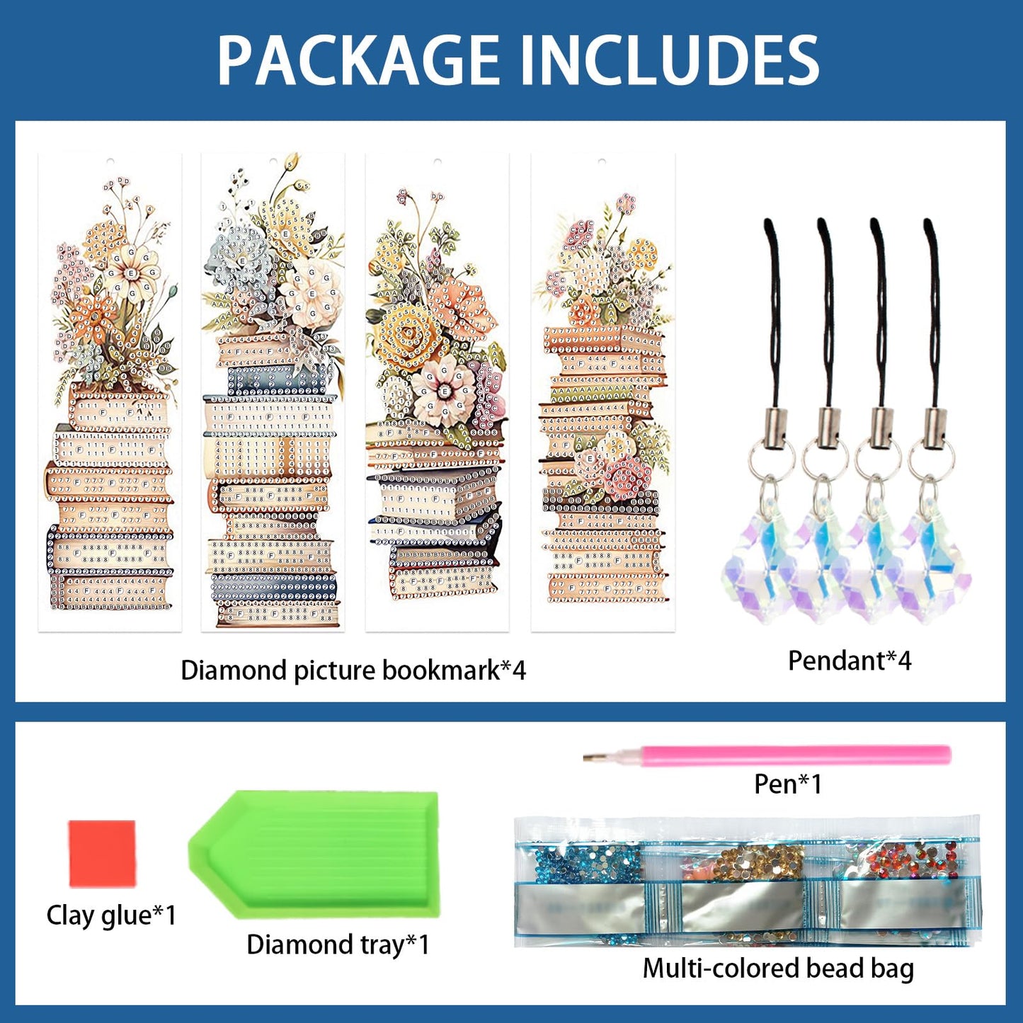 Focart 4 Pack Book and Flower Diamond Painting Bookmark Kits, Special Shaped Diamond Art Bookmarks with Pendant, DIY Handmade Crafts Home Office Supplies Reading Bookmark for Book Lovers