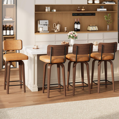 IDEALHOUSE Swivel Bar Stools Set of 4, 26" Upholstered Counter Height Bar Stools with Back and Walnut Wood Legs, Larger Cushion Size 18.3"*17.5", Faux Leather Barstools for Kitchen Counter, Brown