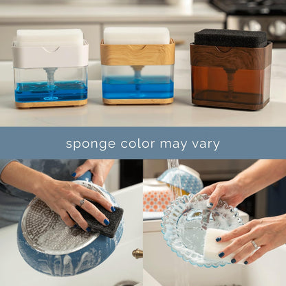 S&T INC. Dish Soap Dispenser - Waterproof Labels & Sponge Included | 13 Oz Plastic & Bamboo