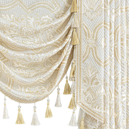 Loom and Mill European Elegant Waterfall Valance for Living Room, Luxury Jacquard Frame Swag Valances with Tassels, Beige Gold Floral Swag Curtains for Bedroom Window Holiday Decor(W59 Inch,1 Panel)