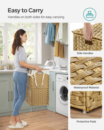 SONGMICS Laundry Hamper with Lid, 90L Clothes Hamper with 2 Removable Liner Bags, 6 Mesh Bags, Wicker Laundry Basket, Double Laundry Hamper for Bathroom, 13 x 18.1 x 23.6 Inches, Natural ULCB251N01V1