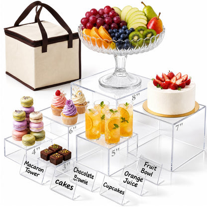 DomeStar 6PCS Clear and White Buffet Risers with Mini Sign, Food Risers Dessert Table Display Set for Buffet Table Party Catering Cupcake Cake Jewelry, Nesting Boxes for Food Display 8" 7" 6" 5" 4" 3"