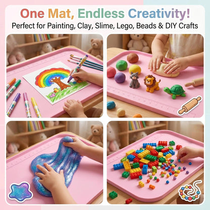 AWOKE 24"x16" Silicone Mats for Crafts with 0.7" High Edges, Large Leak-Proof Art Mat for Playdoh, Resin, Painting, Clay, Slime,Beads, Lego, Puzzle, Non-Stick & Non-Slip Table Protector for Kids, Pink