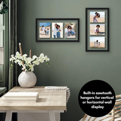 Americanflat 5x7 Picture Frame Collage with Shatter-Resistant Glass - Fits Three 5x7 Photos or use as One 10x20 Picture Frame - Signature Collection - Collage Frames with Floating Effect - Black