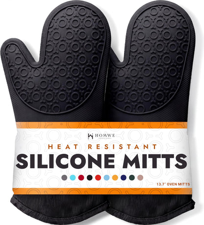 BPA-Free Silicone Oven Mitts Ultra Heat Resistant up to 500°F - Oven Mitts with Thick Cotton Liner - Long Slip Resistant Pot Holders, Flexible Oven Gloves - Black 13.7"