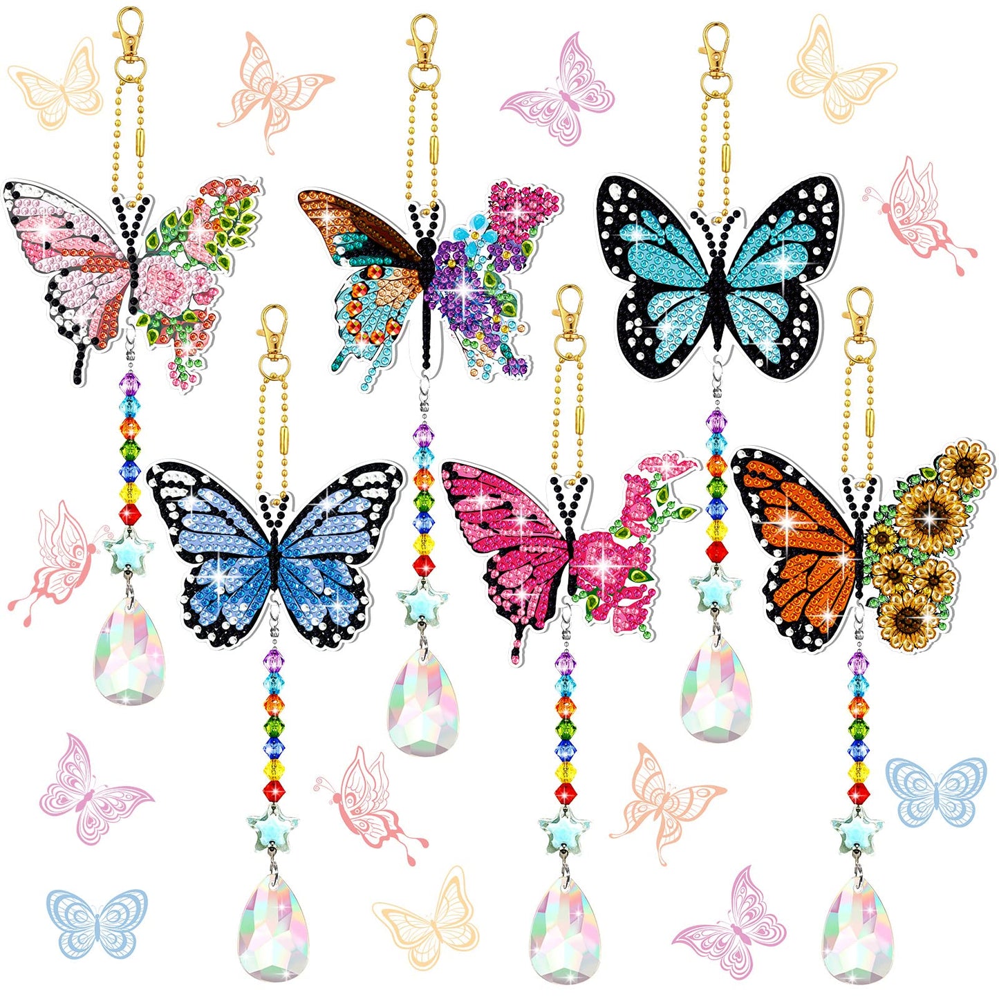 Tradder 6 Pcs Butterfly Diamond Art Wind Chimes Kits, Summer Tree Decor 5d Diamond Art Painting Ornaments with Crystal Pendant Garden Decor, Butterfly Kit, Keychains Crafts for Adults