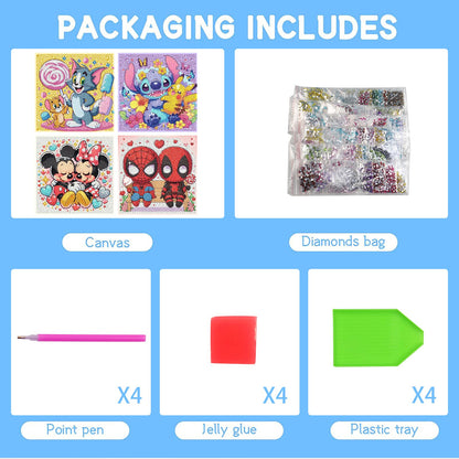 Fuinkqe 4 Packs Cartoon Diamond Art Kits for Kids,5D DIY Diamond Art Painting Kits for Kids Ages 4-8-12,Mosaic Kits Full Round Drills for Gifts and Home Wall Decor 6X6 Inch