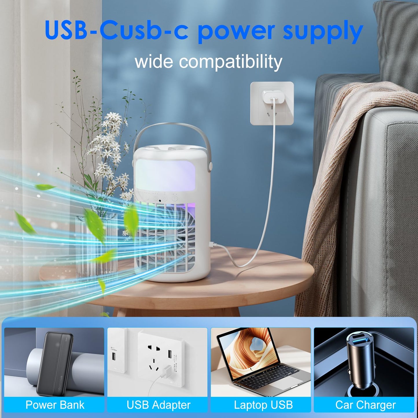 Portable Air Conditioners,air conditioner, 3-Speed Fan, 2-Speed Cold Fog,4 in 1 Humidifier, Air Conditioner,Fan,2 Atomising Nozzle, 7-Colour Led Light, Large Capacity 1500ml,Remote Control