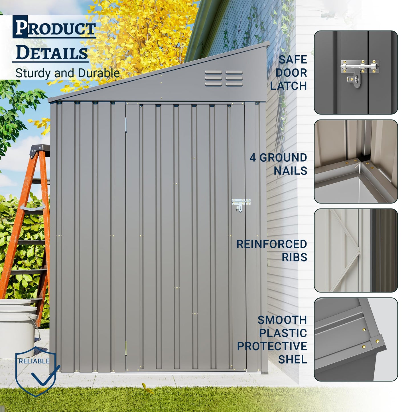 YOPTO 4x7 FT Outdoor Storage Shed Lean to Shed,Metal Shed W/Lockable Door & Air Vent,All Weather Waterproof Garden Tool House W/Reversible Installation,for Backyard,Patio,Lawn,Olive Gray