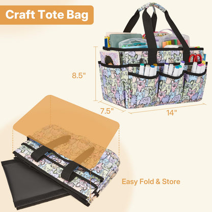 JOSIVIKY Craft Organizer Tote Bag, Art Organizer, Craft Caddy with Multiple Pockets, Storage Bag for Sewing Tools, Art Supplies, Home and Office (Cat Print)