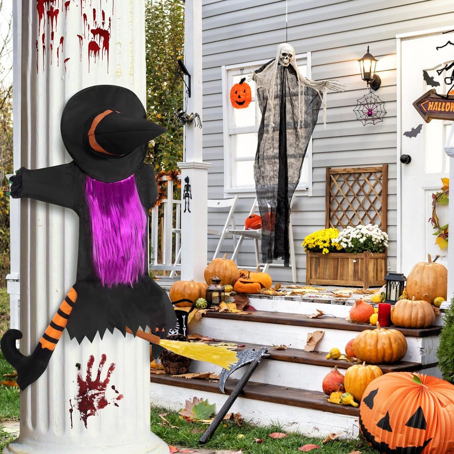 Qivine 39.4" Crashing Witch Halloween Decoration, Flying Crashing Witch into Tree, Halloween Outdoor Decor with Durable Nylon, Flying Witch on Broom Colliding for Yard Garden Porch Tree