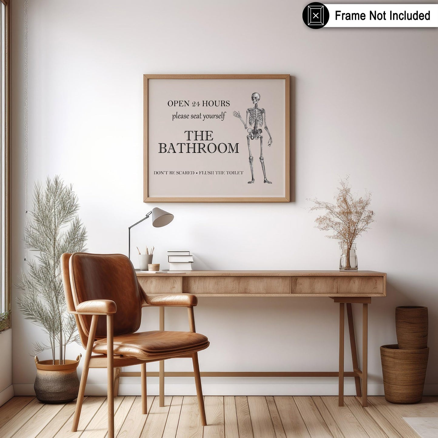 Poster Master The Bathroom Sign Poster - Don't Be Scared Print - Skeleton Art - Halloween Art - Trendy Wall Art - Funny Gothic Bathroom Decorations - Humorous Restroom Decor - 8x10 UNFRAMED Wall Art