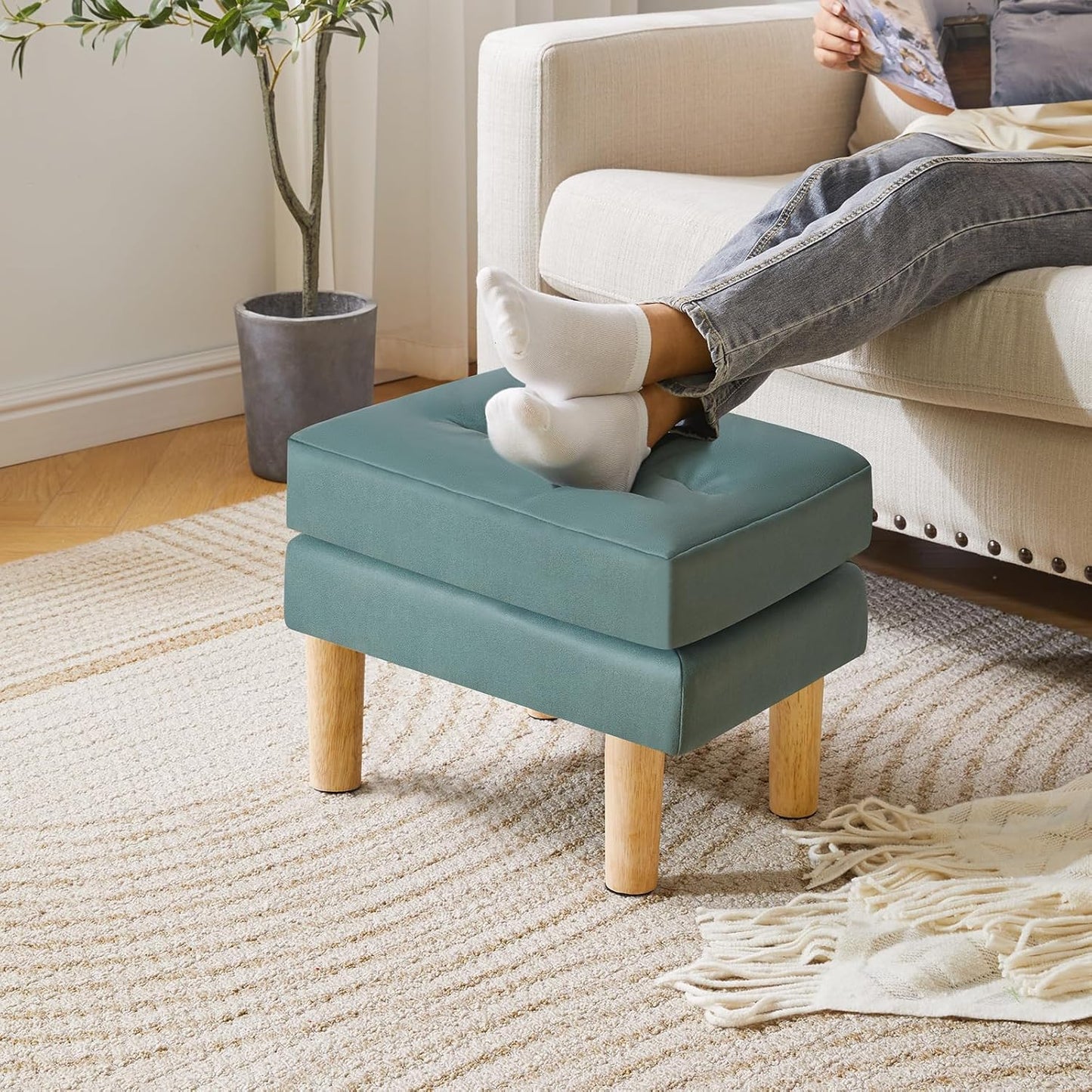 16.34" 12.4" W12.6" UHBD041GR YMYNY Small Footstool Ottoman, Faux Leather Footrest with Sponge Padded Seat, Step Stool