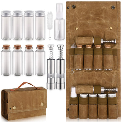 TOBWOLF Camping Spice Kit with 9 Jars, 2 Salt/Pepper Grinders, Portable Spice Bag, Foldable Canvas Seasoning Storage Bag Organizer, Mini Condiment Container Set for Outdoor Camping Picnic BBQ - Khaki