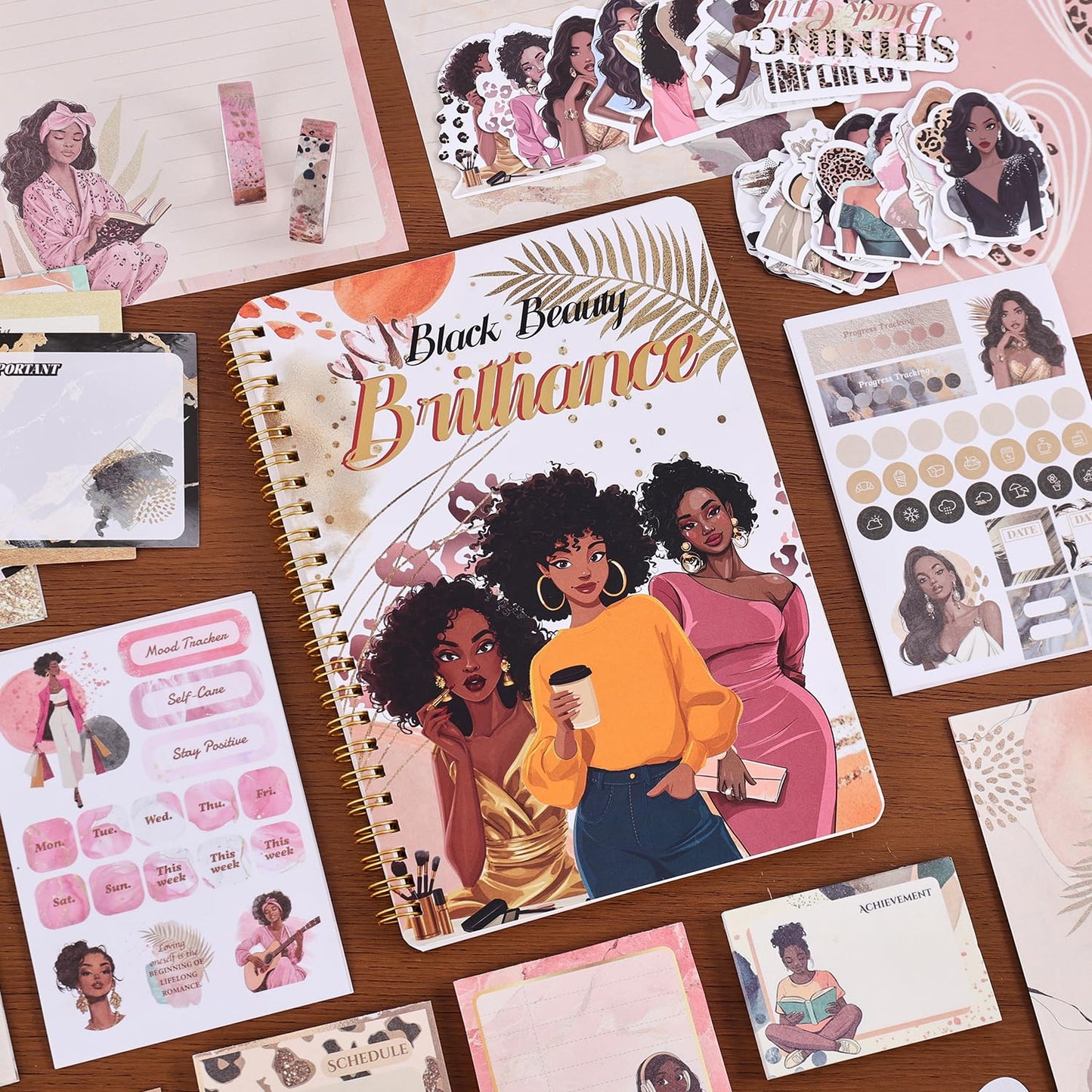 Black Girl Weekly Planner Gift Set - 52 Weeks Undated Planner with 190+ Stickers, Washi Tape, Journal Supplies & Accessories for Teen Girls - Inspirational Productivity Organization Kit, Present Box