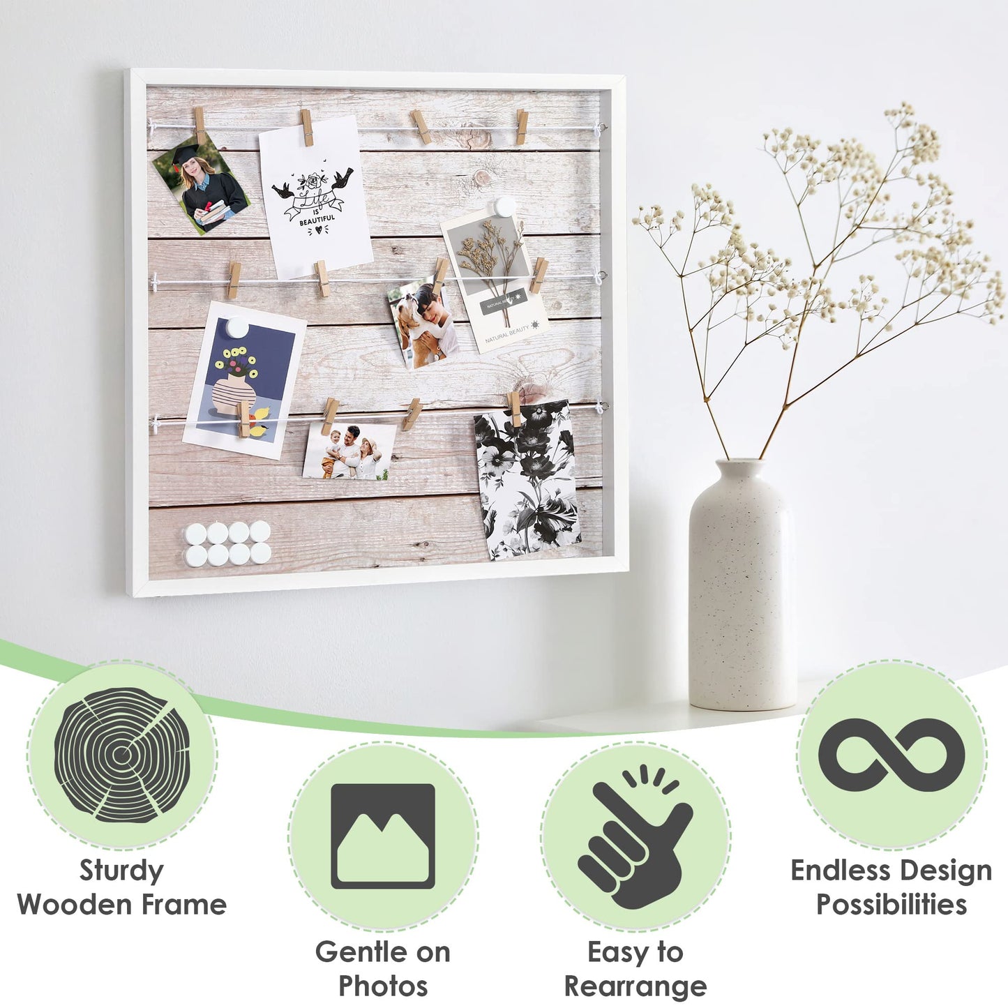 Houseables Picture Board, Photo Board, Photo Display, Picture Collage, Collage Frame, Polaroid Wall Display, Wall Decor, Memory, Postcard, Magnetic, Bulletin, Hanging with Clips, String, Bedroom, 20in