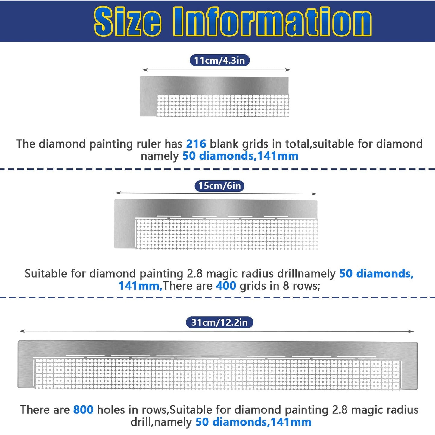 3 Pieces Stainless Diamond Painting Ruler Steel Diamond Art Ruler Steel 5d Drawing Mesh Rulers with Fix Tools 216 400 800 Blank Grids for Full Drill Partial Drills DIY Art Craft Diamonds Painting Kits