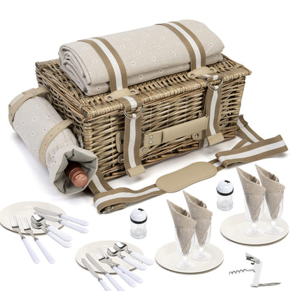 31Pcs Picnic Basket Set for 4 with Insulated Liner and Waterproof Blanket Wine Pouch, Large Wicker Picnic Hamper for Camping,Outdoor,Valentine Birthday Christmas for Couples